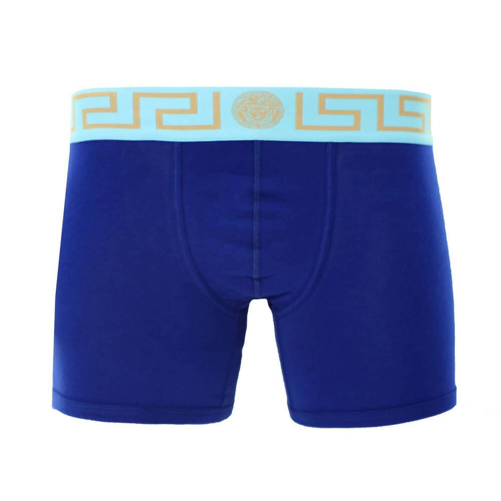 NEW VERSACE men's long trunk with greca in bluette+splash